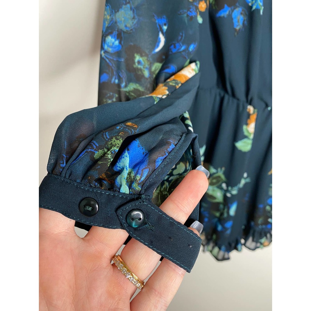 Japna Navy Floral Summer Sheer Ruffle Romper Size L Large V Neck Blue Green - Picture 3 of 10
